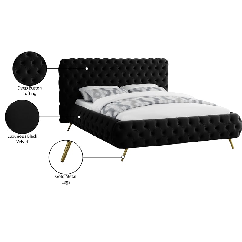 Meridian Furniture Delano Solid Wood Tufted Velvet Queen Bed in Black