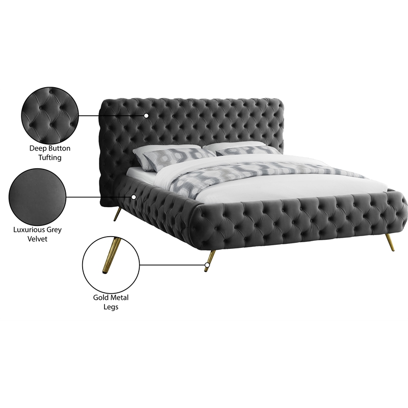 Meridian Furniture Delano Solid Wood Tufted Velvet King Bed in Gray
