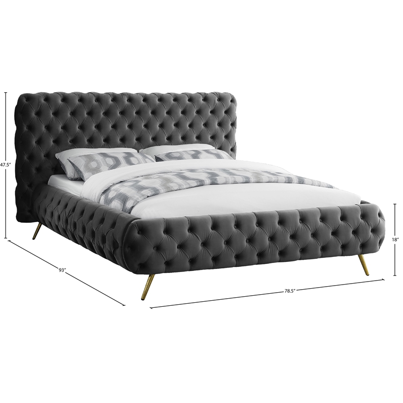 Meridian Furniture Delano Solid Wood Tufted Velvet Queen Bed in Gray
