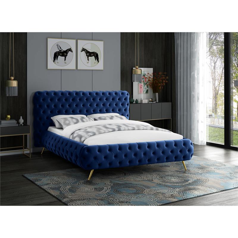 Meridian Furniture Delano Solid Wood Tufted Velvet King Bed in Navy
