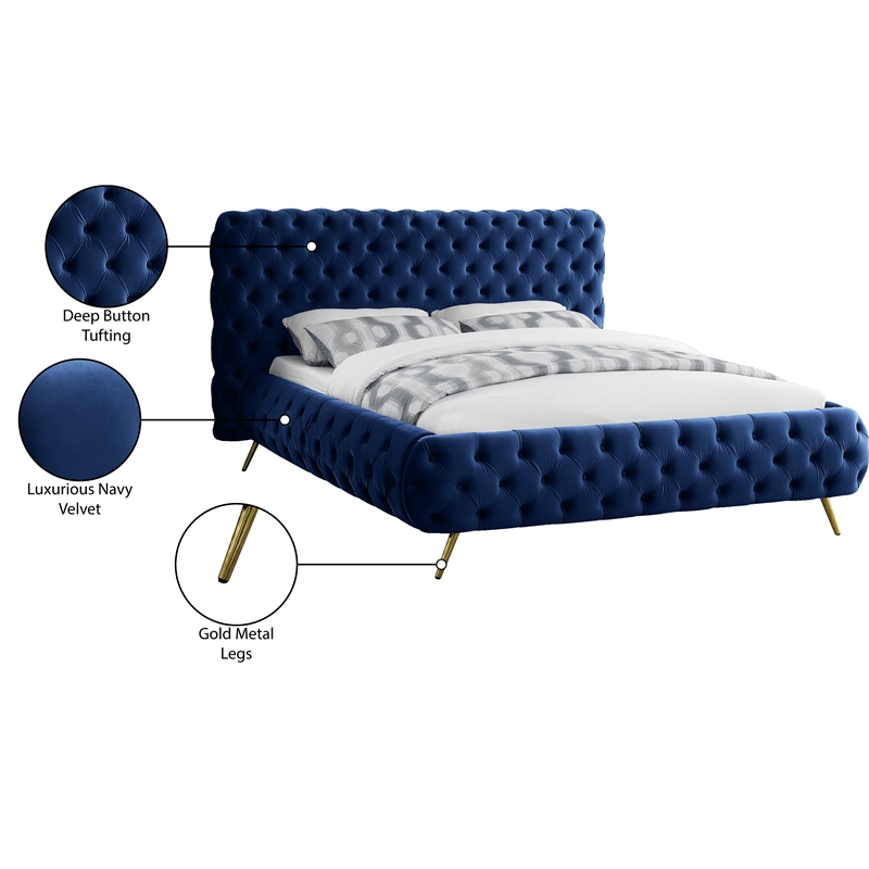 Meridian Furniture Delano Solid Wood Tufted Velvet Queen Bed in Navy