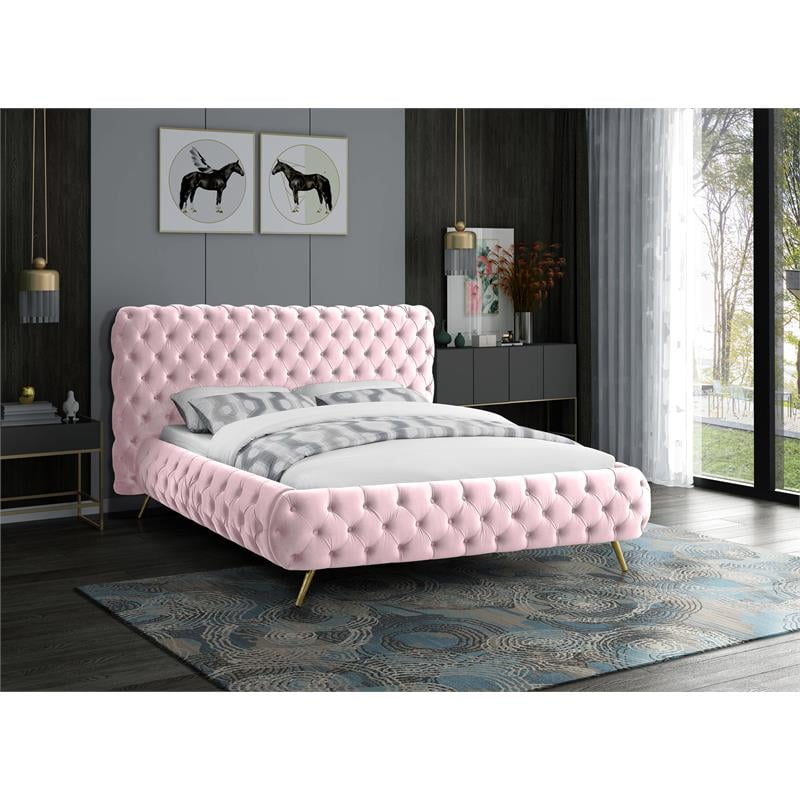 Meridian Furniture Delano Solid Wood Tufted Velvet King Bed in Pink