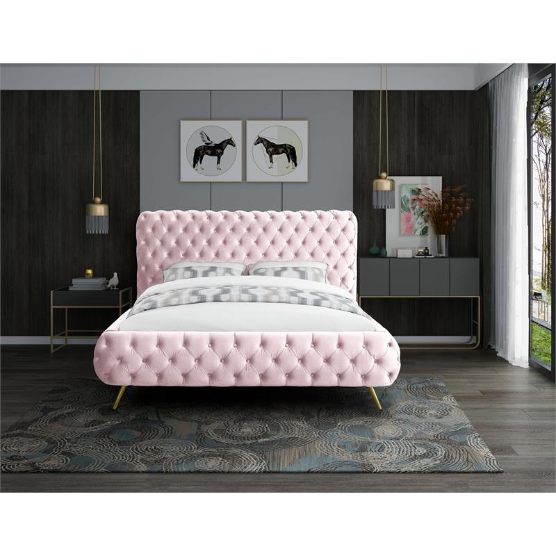 Meridian Furniture Delano Solid Wood Tufted Velvet King Bed in Pink