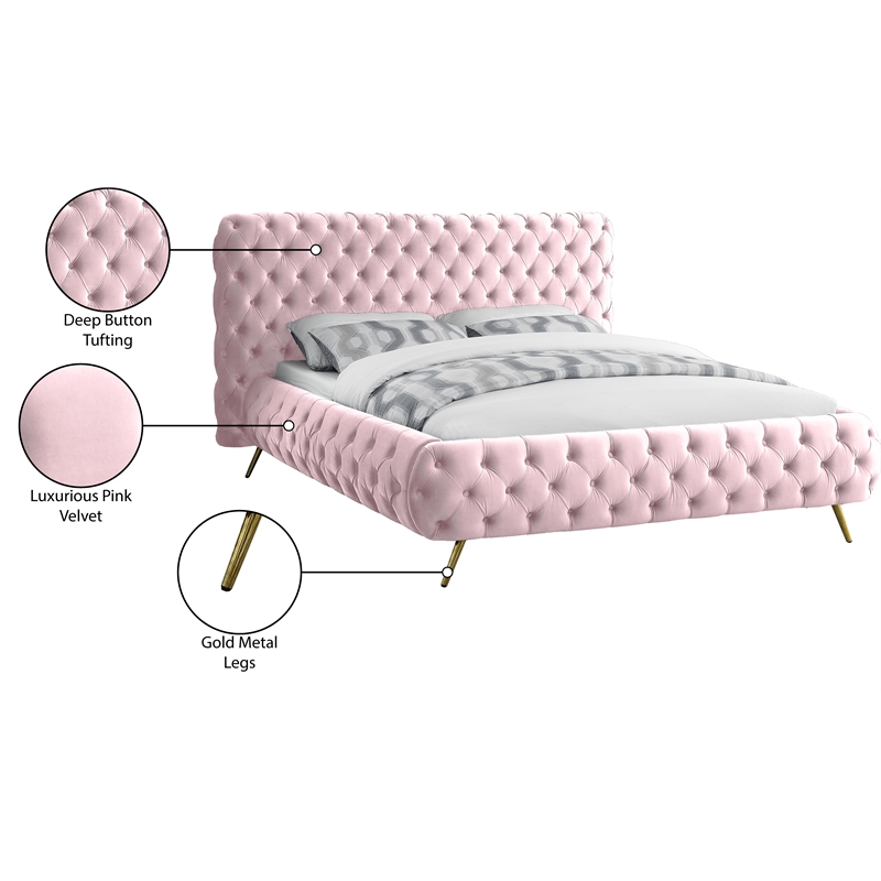 Meridian Furniture Delano Solid Wood Tufted Velvet King Bed in Pink
