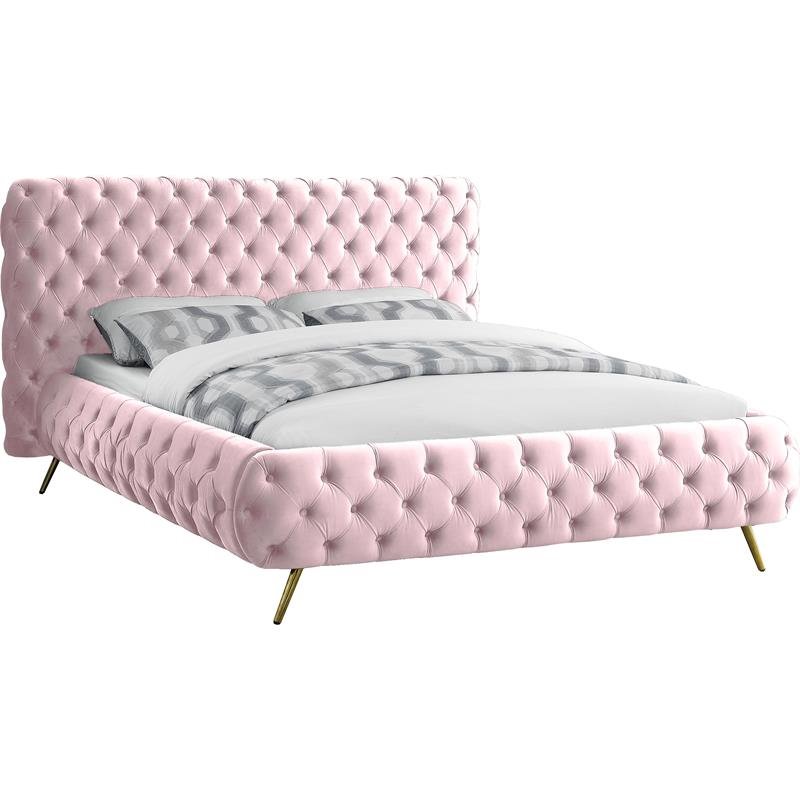 Meridian Furniture Delano Solid Wood Tufted Velvet King Bed in Pink