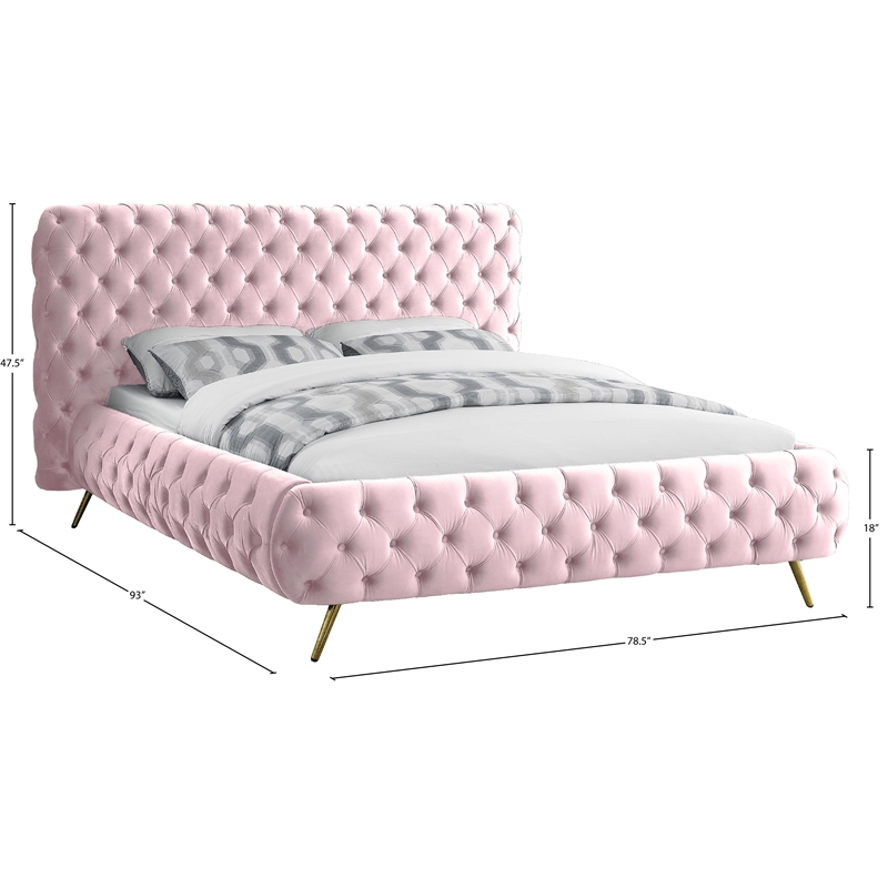 Meridian Furniture Delano Solid Wood Tufted Velvet Queen Bed in Pink