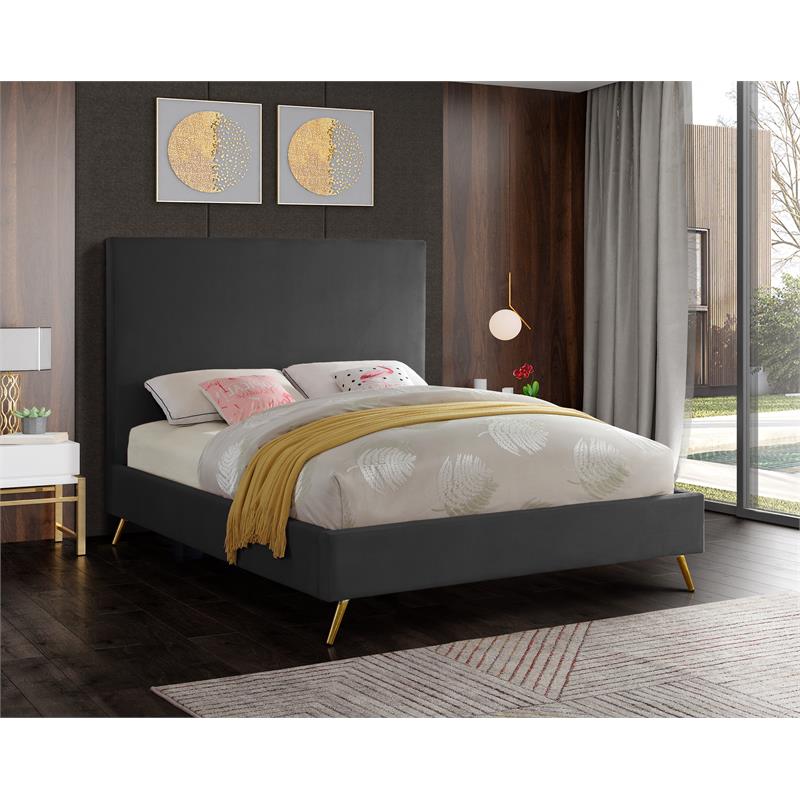 Meridian Furniture Jasmine Contemporary Velvet Queen Bed in Gray
