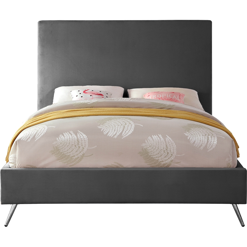 Meridian Furniture Jasmine Contemporary Velvet Queen Bed in Gray
