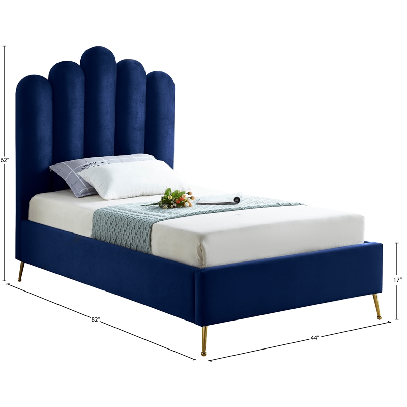 Meridian Furniture Lily Solid Wood and Tufted Velvet Twin Bed in Navy