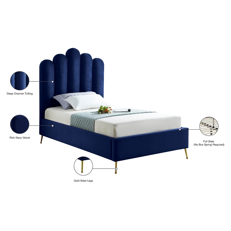Meridian Furniture Lily Solid Wood and Tufted Velvet Twin Bed in Navy