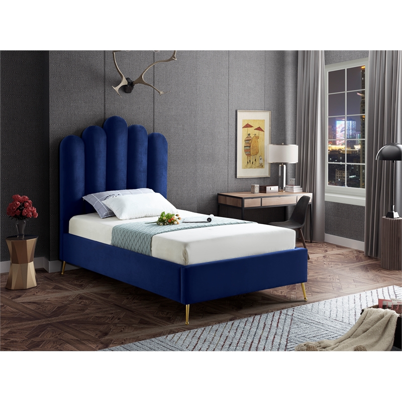 Meridian Furniture Lily Solid Wood and Tufted Velvet Twin Bed in Navy