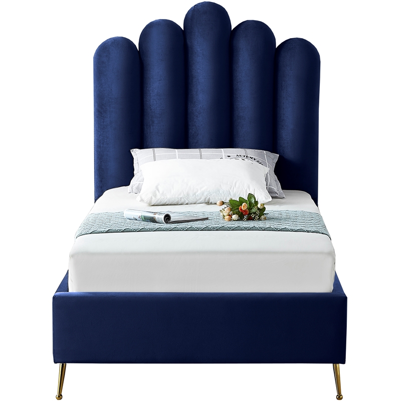 Meridian Furniture Lily Solid Wood and Tufted Velvet Twin Bed in Navy
