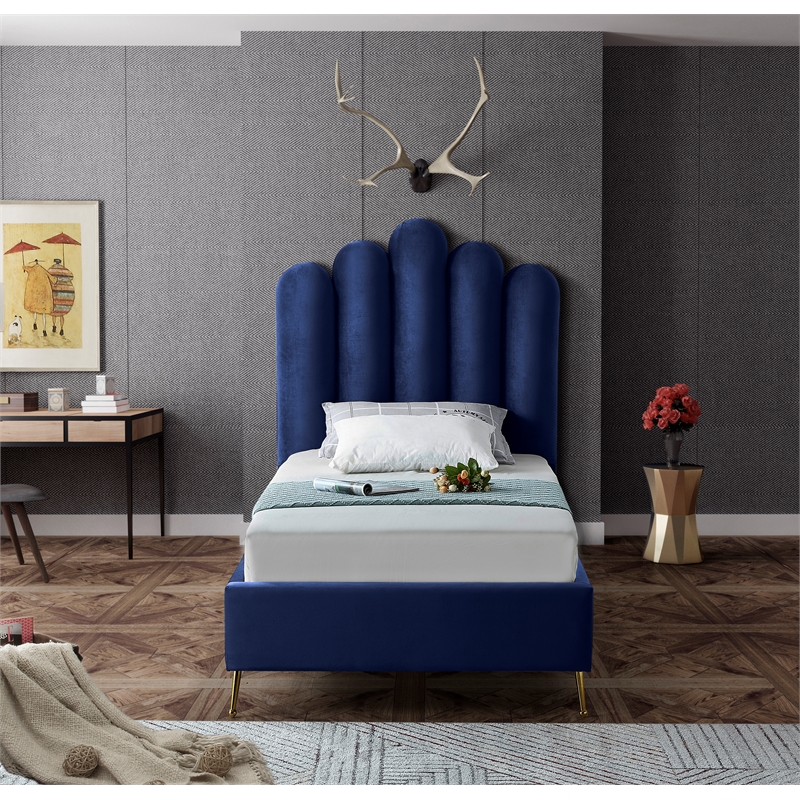 Meridian Furniture Lily Solid Wood and Tufted Velvet Twin Bed in Navy