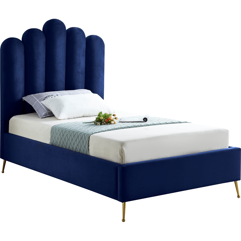 Meridian Furniture Lily Solid Wood and Tufted Velvet Twin Bed in Navy