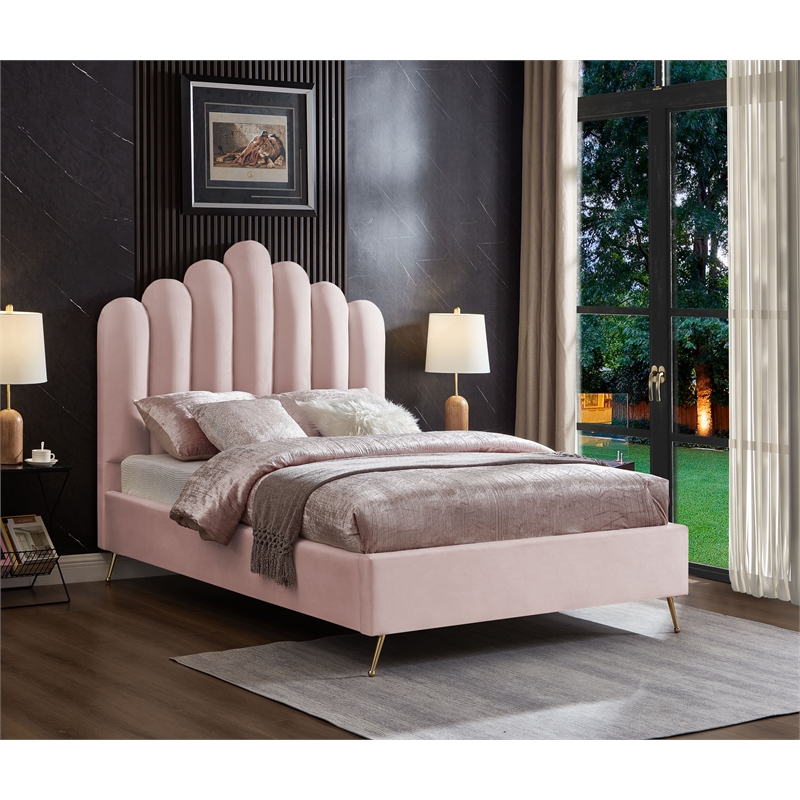 Meridian Furniture Lily Solid Wood and Tufted Velvet Full Bed in Pink