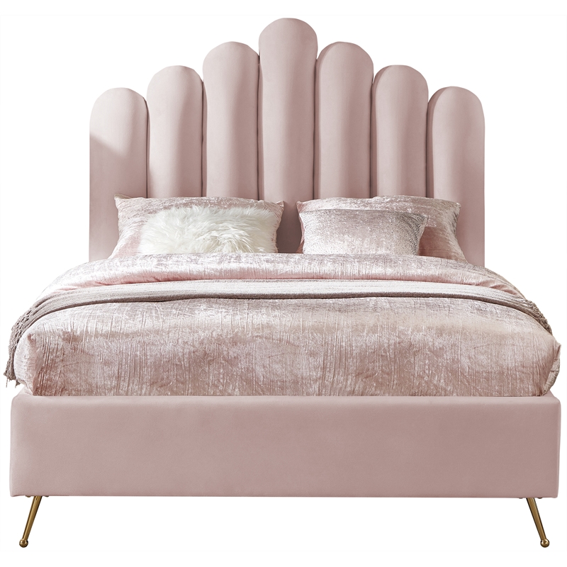 Meridian Furniture Lily Solid Wood and Tufted Velvet Full Bed in Pink