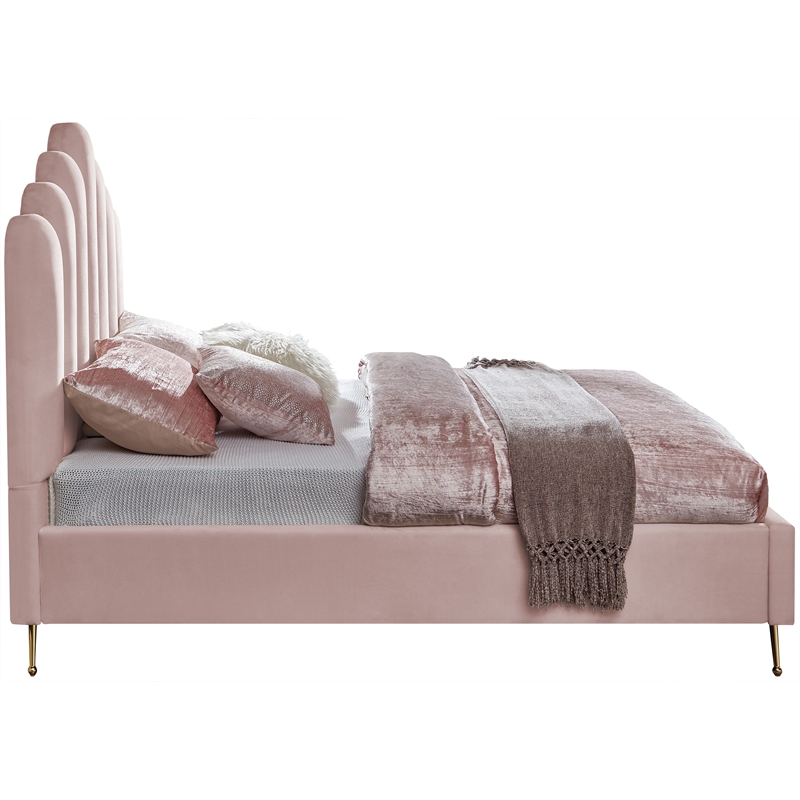 Meridian Furniture Lily Solid Wood and Tufted Velvet Full Bed in Pink