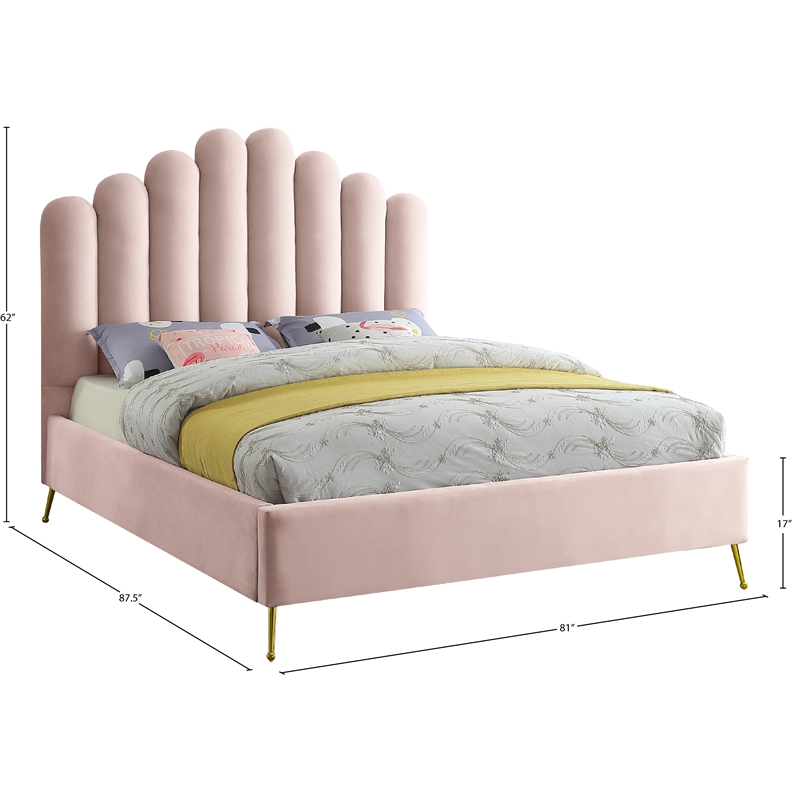 Meridian Furniture Lily Solid Wood and Tufted Velvet King Bed in Pink