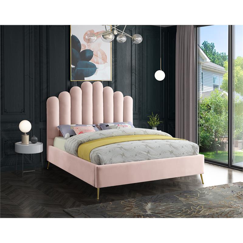 Meridian Furniture Lily Solid Wood and Tufted Velvet Queen Bed in Pink