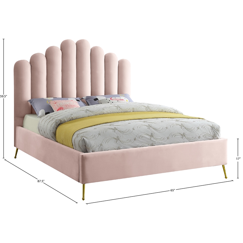 Meridian Furniture Lily Solid Wood and Tufted Velvet Queen Bed in Pink