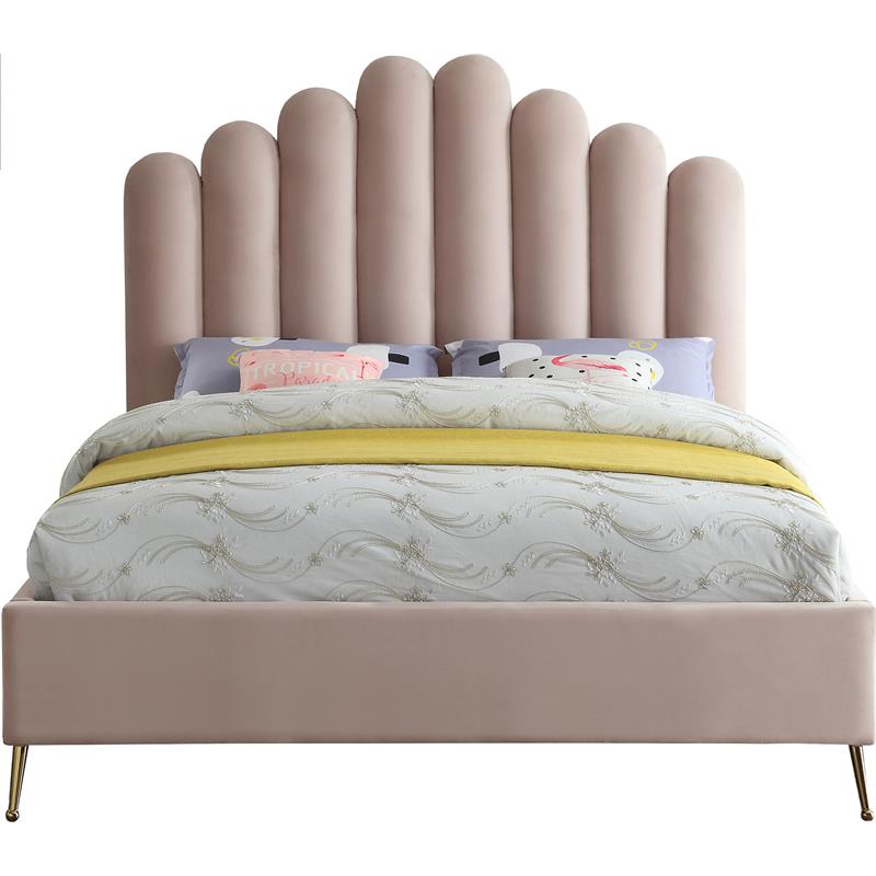 Meridian Furniture Lily Solid Wood and Tufted Velvet Queen Bed in Pink
