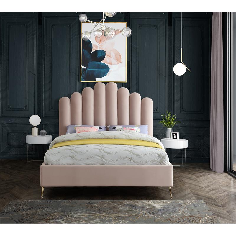 Meridian Furniture Lily Solid Wood and Tufted Velvet Queen Bed in Pink
