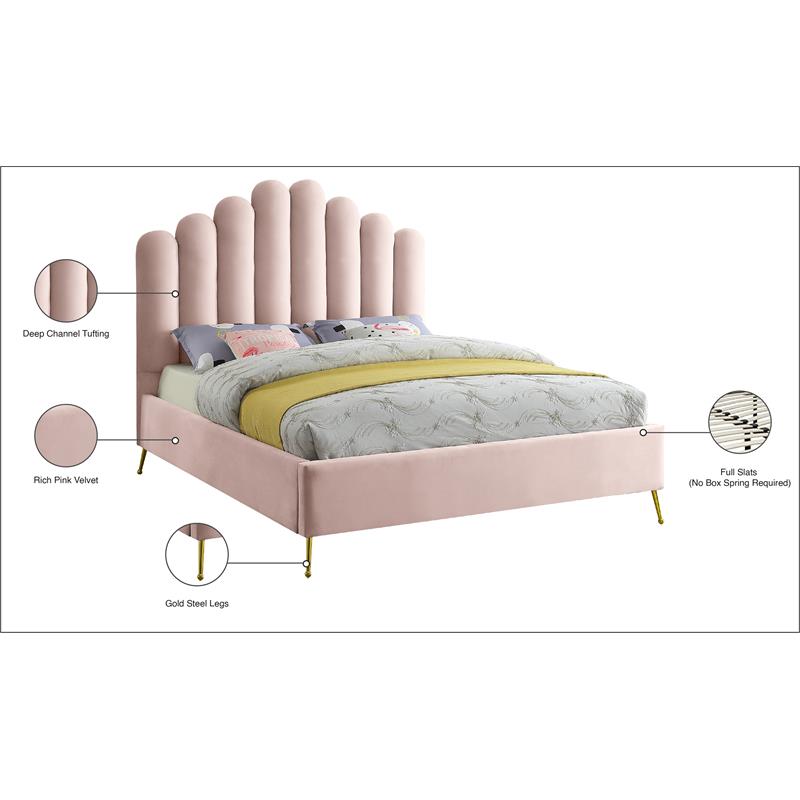 Meridian Furniture Lily Solid Wood and Tufted Velvet Queen Bed in Pink