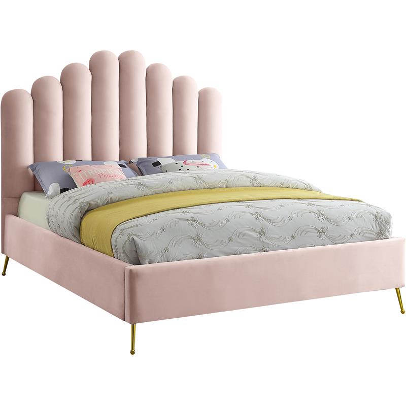 Meridian Furniture Lily Solid Wood and Tufted Velvet Queen Bed in Pink
