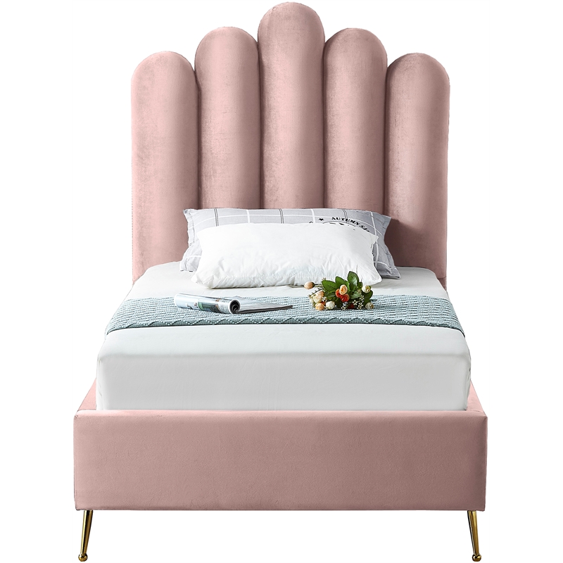 Meridian Furniture Lily Solid Wood and Tufted Velvet Twin Bed in Pink