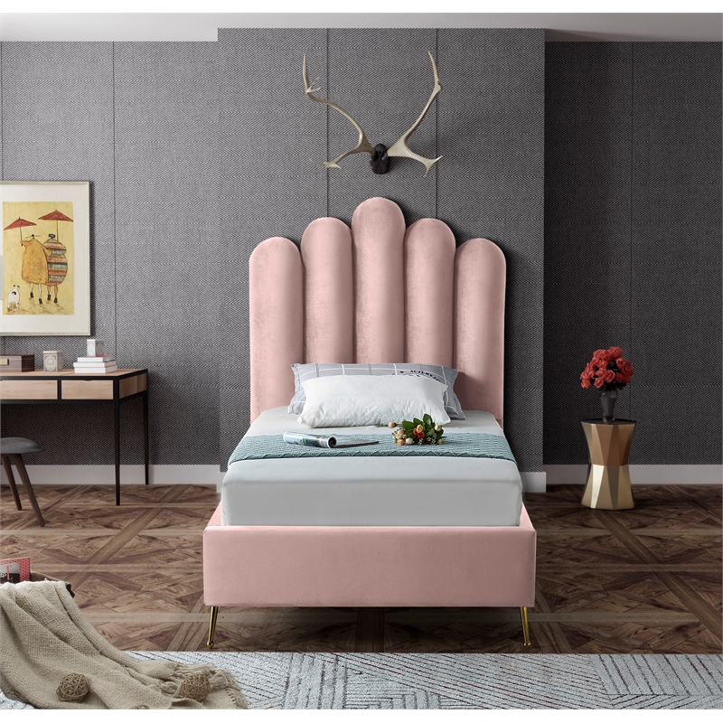 Meridian Furniture Lily Solid Wood and Tufted Velvet Twin Bed in Pink