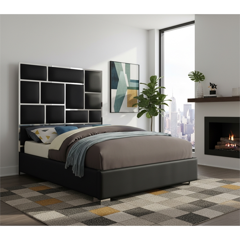 Meridian Furniture Milan Solid Wood and Vegan Leather Queen Bed in Black