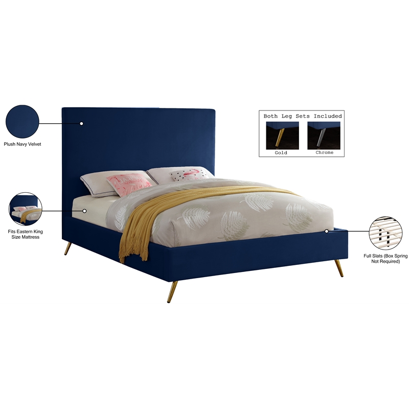 Meridian Furniture Jasmine Contemporary Velvet King Bed in Navy