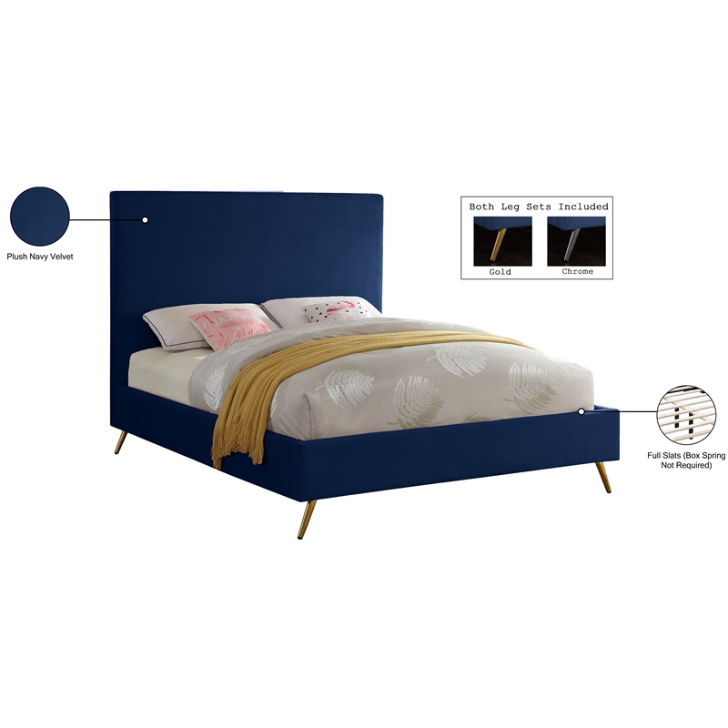 Meridian Furniture Jasmine Contemporary Velvet Queen Bed in Navy