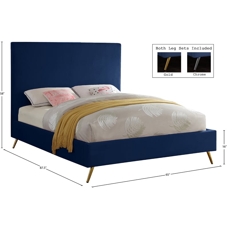 Meridian Furniture Jasmine Contemporary Velvet Queen Bed in Navy
