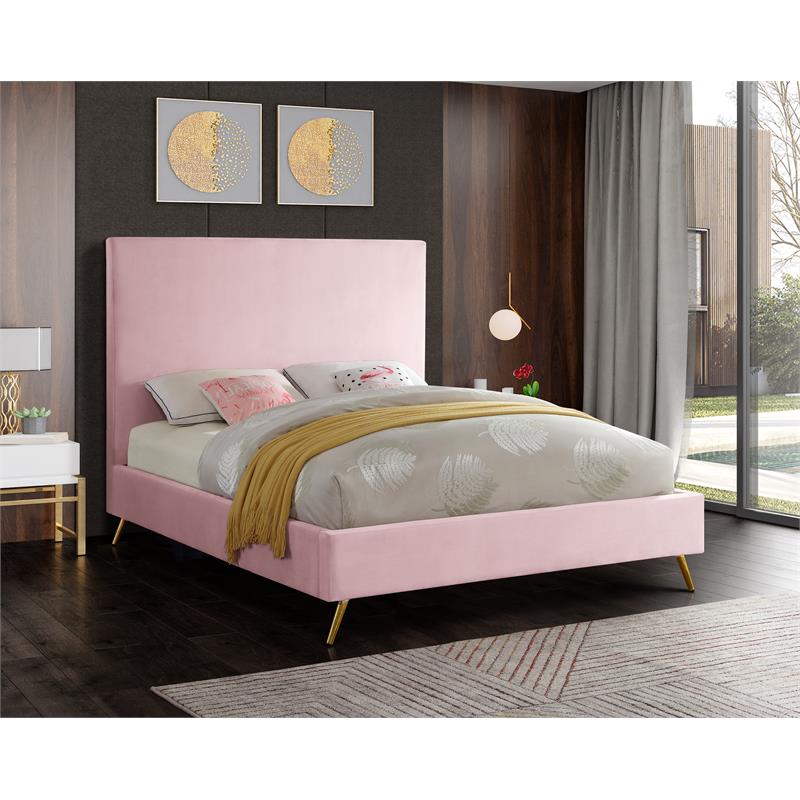 Meridian Furniture Jasmine Contemporary Velvet Queen Bed in Pink