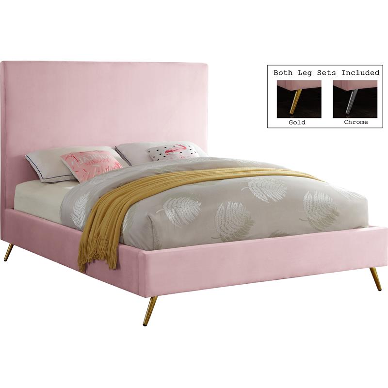 Meridian Furniture Jasmine Contemporary Velvet Queen Bed in Pink