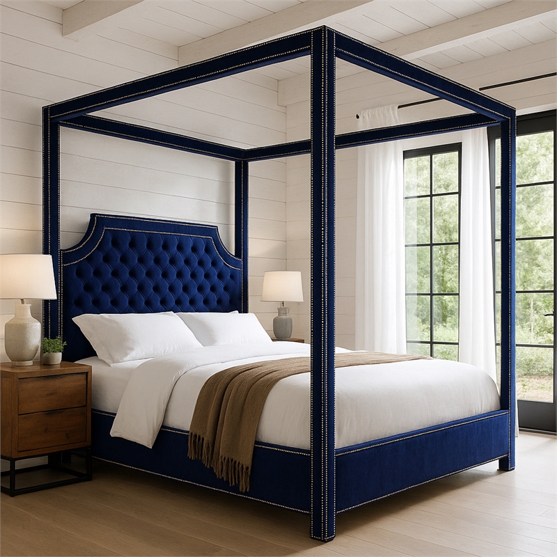 Meridian Furniture Rowan Tufted Velvet King Bed in Navy