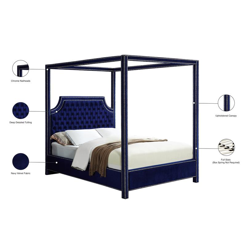 Meridian Furniture Rowan Tufted Velvet Queen Bed in Navy