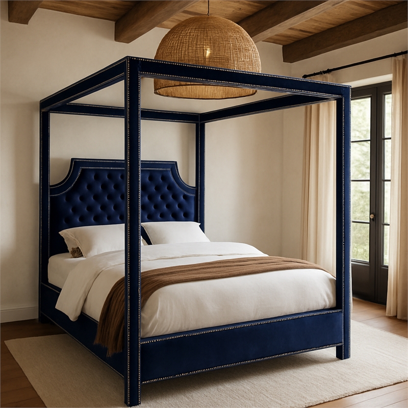Meridian Furniture Rowan Tufted Velvet Queen Bed in Navy