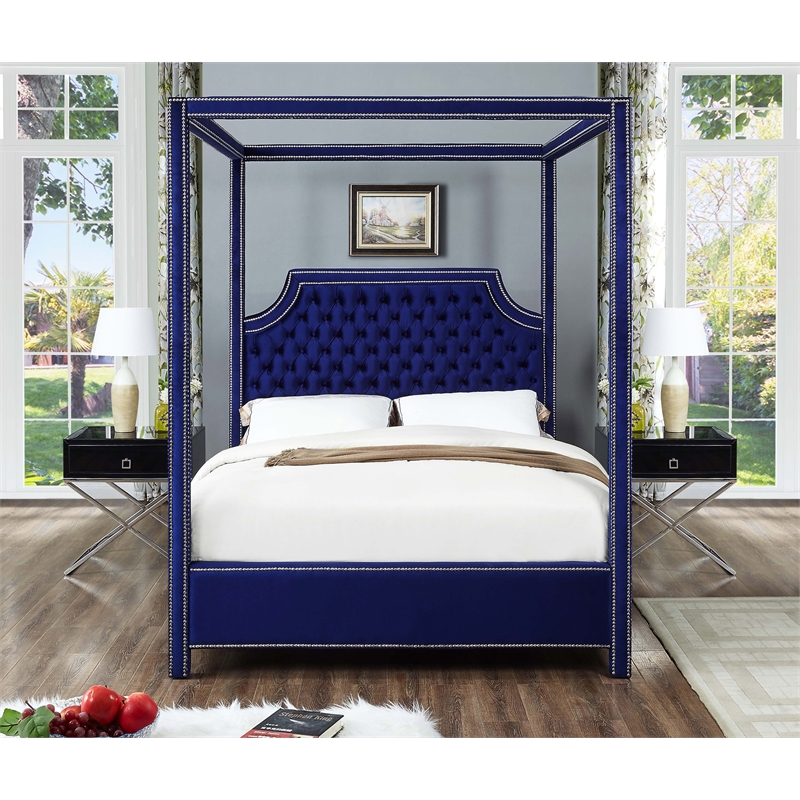 Meridian Furniture Rowan Tufted Velvet Queen Bed in Navy