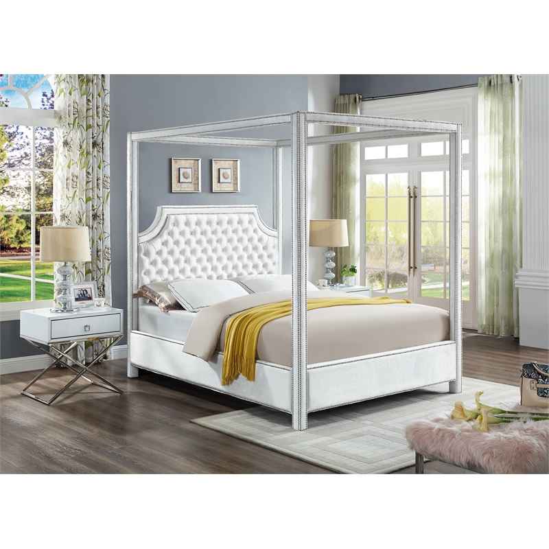 Meridian Furniture Rowan Tufted Velvet Queen Bed in White
