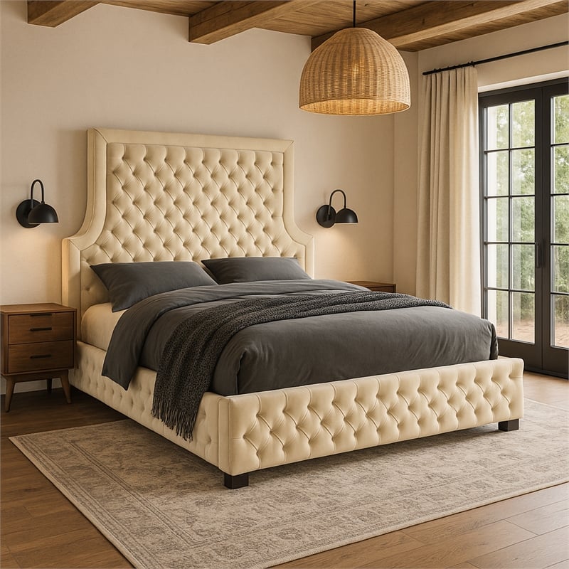 Meridian Furniture Sedona Rich Velvet King Bed in Cream