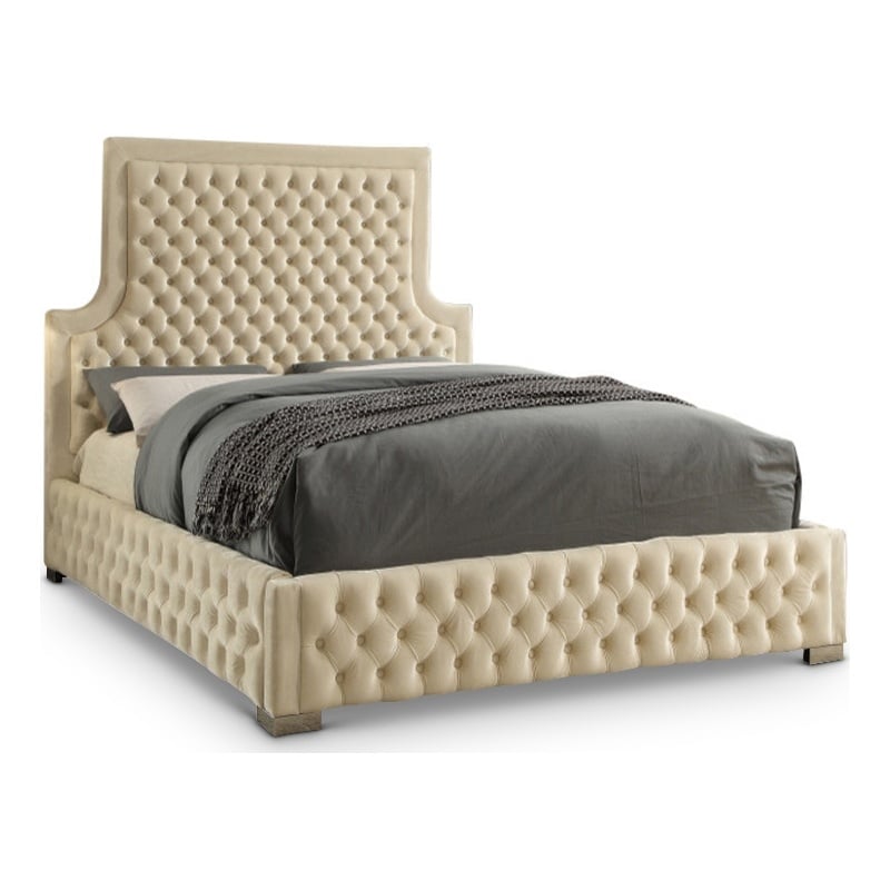 Meridian Furniture Sedona Rich Velvet Queen Bed in Cream