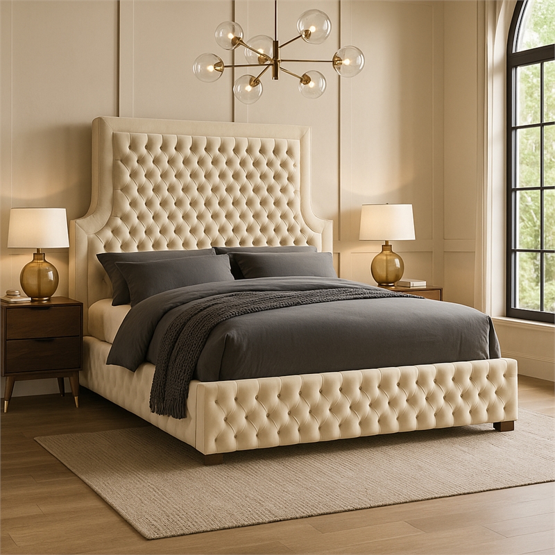 Meridian Furniture Sedona Rich Velvet Queen Bed in Cream