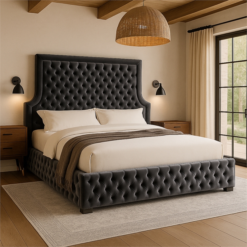 Meridian Furniture Sedona Rich Velvet King Bed in Gray