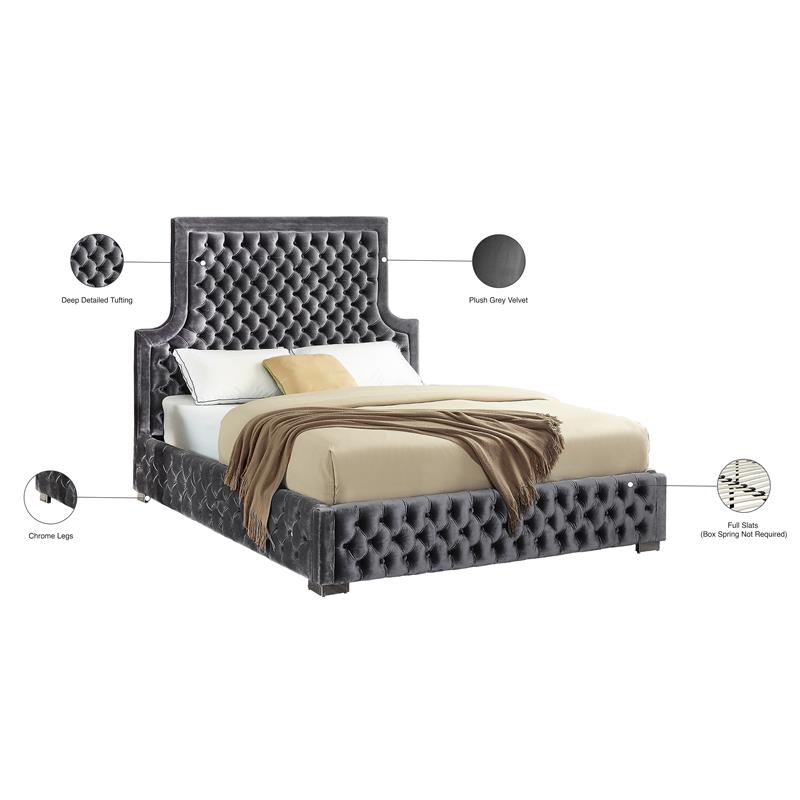 Meridian Furniture Sedona Rich Velvet Queen Bed in Gray