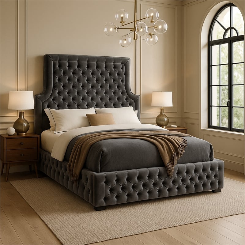 Meridian Furniture Sedona Rich Velvet Queen Bed in Gray
