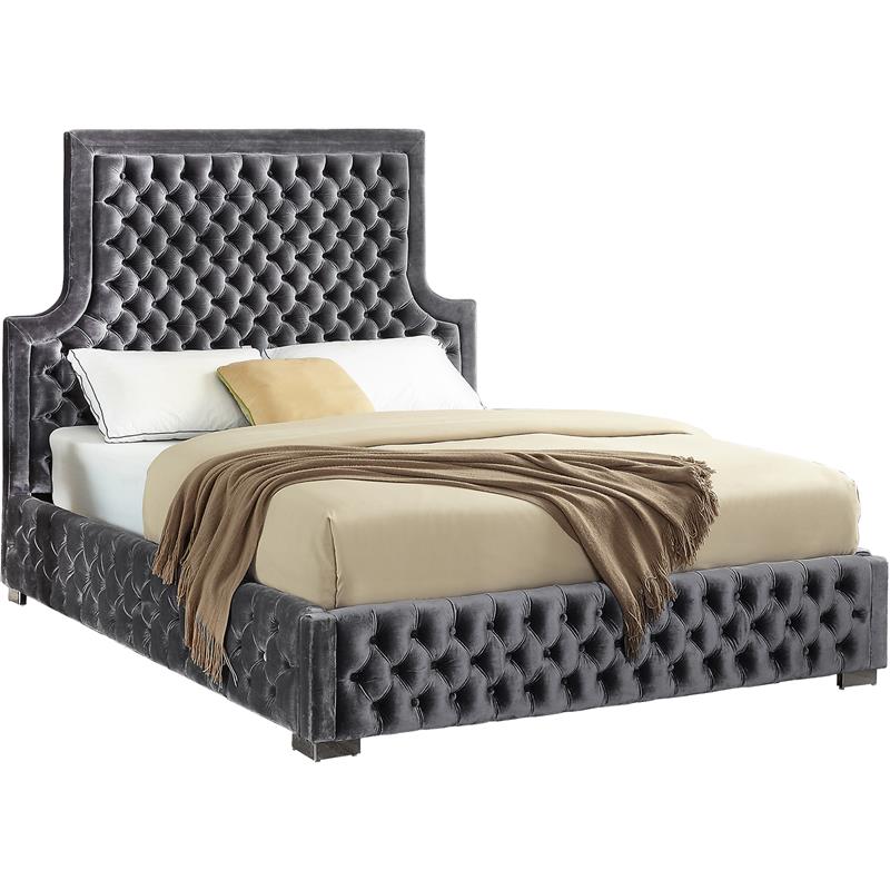 Meridian Furniture Sedona Rich Velvet Queen Bed in Gray