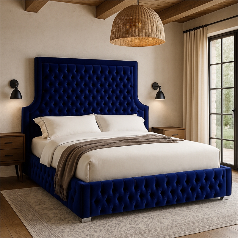 Meridian Furniture Sedona Rich Velvet King Bed in Navy