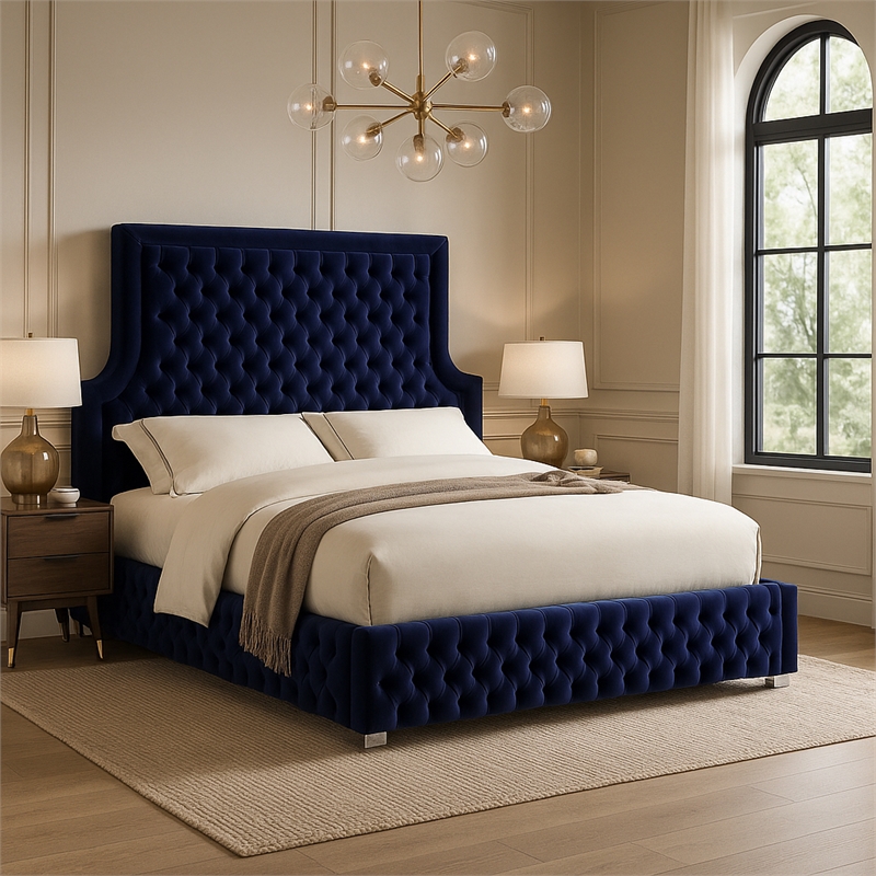 Meridian Furniture Sedona Rich Velvet Queen Bed in Navy